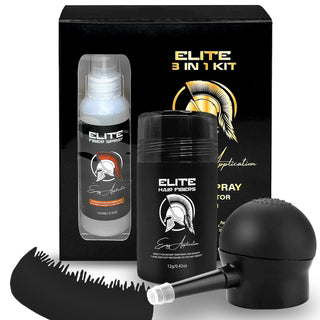 Elite Hair Fibers starter kit comes with one 12g bottle, one spray applicator, one hairline comb, and one bottle of setting spray